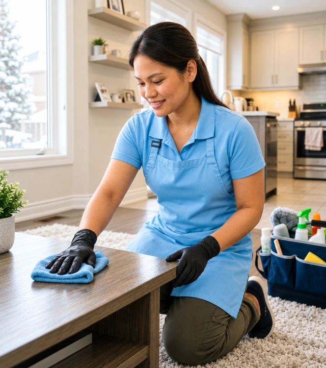 A professional cleaner carefully wiping a table with her cleaning supplies nearby
