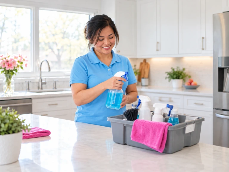 Professional cleaner in a sky-blue shirt preparing supplies in a bright kitchen