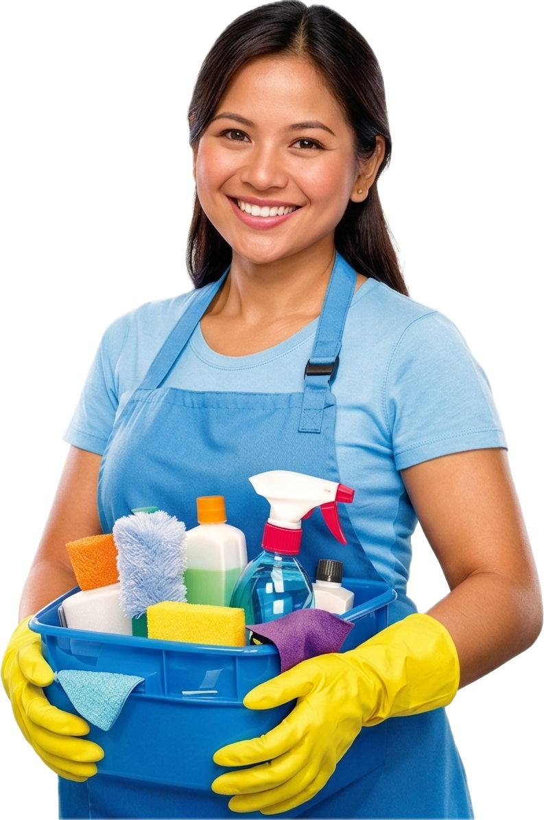 Cleaning lady holding a basket of cleaning supplies