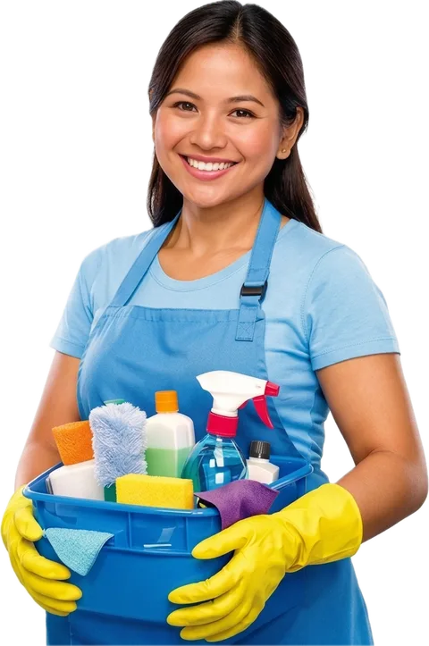 Cleaning lady holding a basket of cleaning supplies
