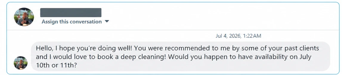 Message from a new client who was recommended to Tita's Cleaning by past clients, asking to book a deep cleaning.