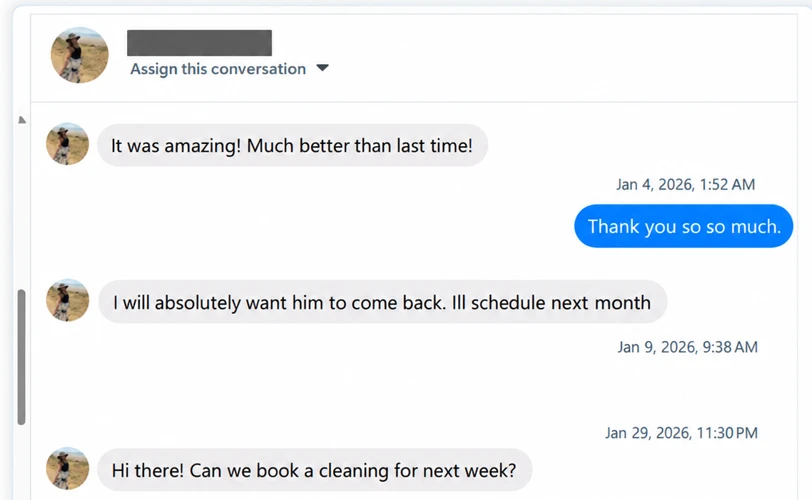 Client messages to Tita's Cleaning: "It was amazing! Much better than last time!" followed by "I will absolutely want him to come back. I'll schedule next month."