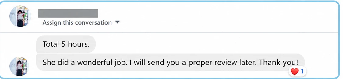 Client review of a 5-hour cleaning by Tita's Cleaning: "She did a wonderful job. I will send you a proper review later. Thank you!"
