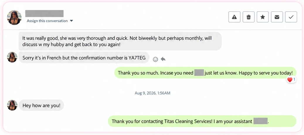 Client feedback for Tita's Cleaning: "It was really good, she was very thorough and quick," with plans to book a monthly home cleaning.